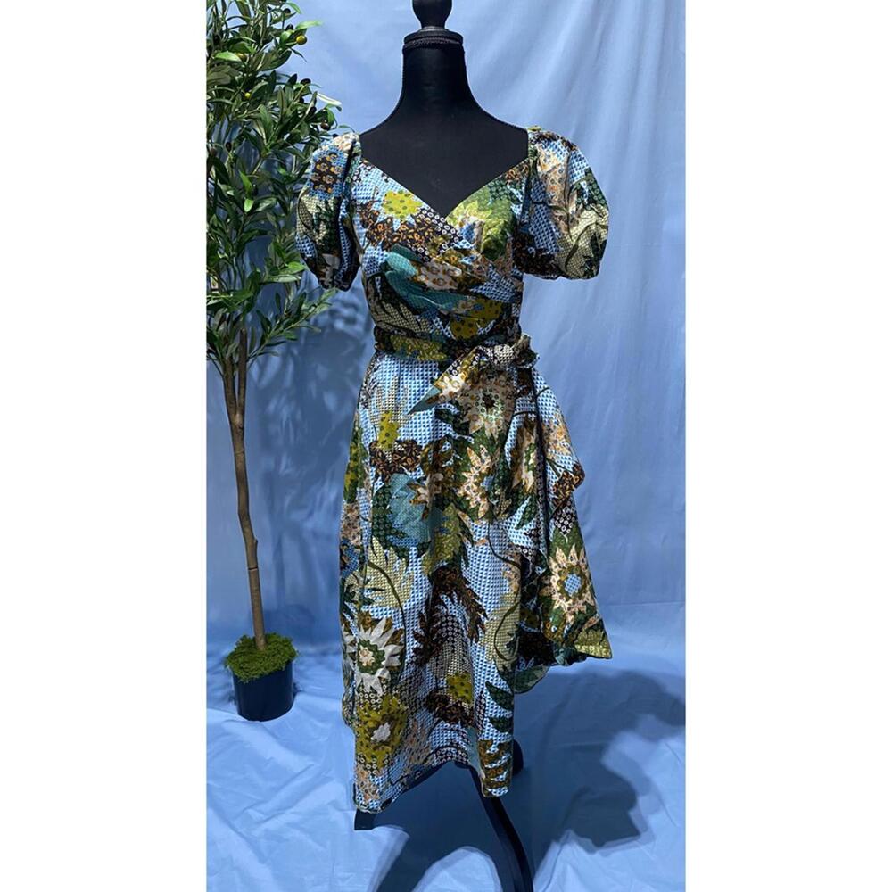 Sachin & Babi Tropical Floral Puff Sleeve Dress Blue Brown Excellent A Line 4
